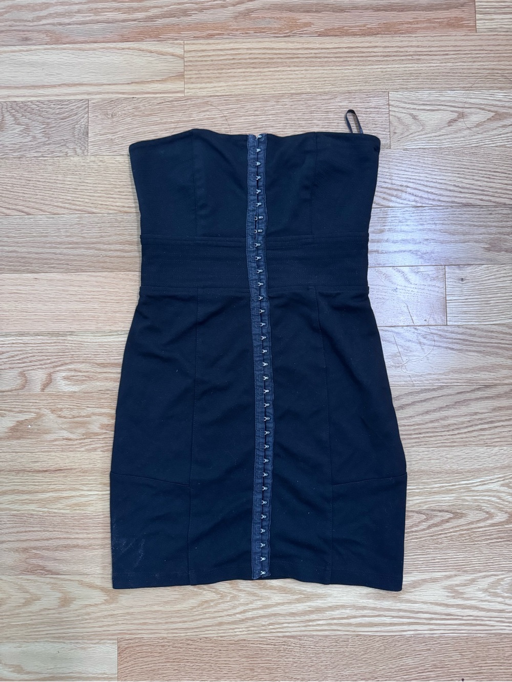 Strapless Black Hook-Front Bodycon Dress
